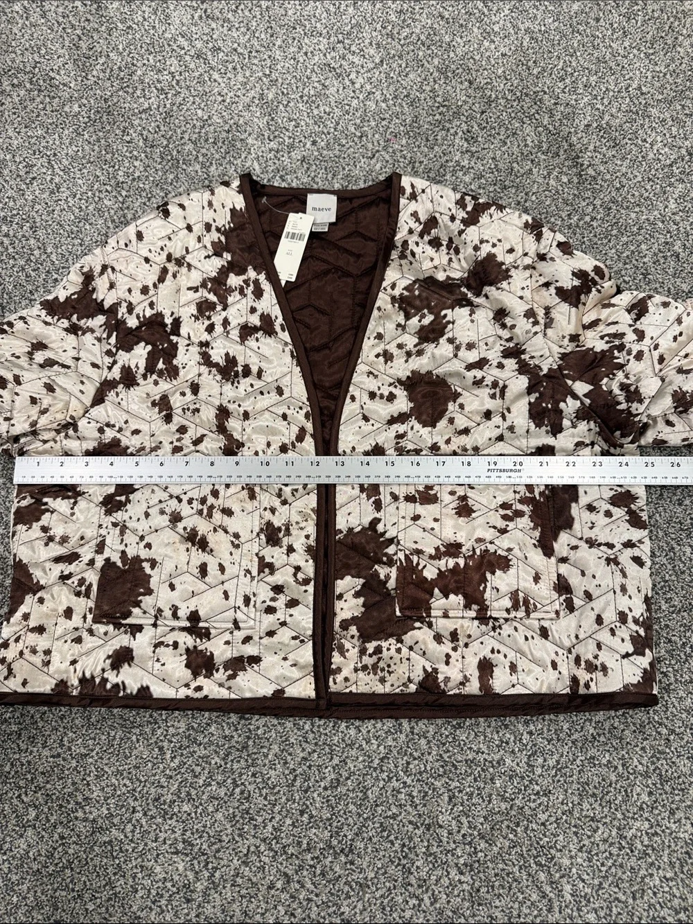 New! Maeve Anthropologie Open Front Cow Print Cream and Brown Quilted Jacket OS - Picture 13 of 14